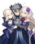  1boy 2girls black_hair blonde_hair blue_hair blush crossdressinging dress embarrassed fate/grand_order fate/stay_night fate_(series) fujimaru_ritsuka_(male) girl_sandwich gloves jeanne_alter long_hair looking_at_viewer multiple_girls ruler_(fate/apocrypha) saber saber_alter sandwiched simple_background smile trap white_background yellow_eyes 