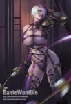  1girl armor breasts dantewontdie hair_over_one_eye impossible_clothes isabella_valentine large_breasts navel revealing_clothes silver_hair single_gauntlet solo soul_calibur soulcalibur stomach under_boob whip whip_sword 