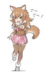  &gt;:d 1girl :d animal_ears arm_at_side artist_request blush brown_hair collar dot_nose empty_eyes eyebrows_visible_through_hair fang full_body fur_trim gradient_hair index_finger_raised japanese_wolf_(kemono_friends) jpeg_artifacts kemono_friends light_brown_eyes long_hair long_sleeves multicolored multicolored_hair multicolored_tail neckerchief official_art one_leg_raised open_mouth pink_neckerchief pink_skirt plaid plaid_skirt pleated_skirt pointing pointing_at_viewer puffy_sleeves sailor_collar sanpaku shadow sidelocks simple_background skirt smile socks solo standing standing_on_one_leg tail thigh-highs translation_request tsurime two-tone_hair white_background white_footwear white_hair wolf_ears wolf_tail zettai_ryouiki 