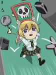  1girl black_legwear blonde_hair blue_eyes bomb btooom! camouflage camouflage_skirt chibi himiko_(btooom!) loafers m_o_(prftz) miniskirt pleated_skirt shirt shoes sign skirt skull sleeves_rolled_up solo teardrop time_bomb white_shirt 