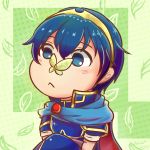  1boy animal blue_eyes blue_hair butterfly cape chibi colored crown fire_emblem fire_emblem:_mystery_of_the_emblem fire_emblem:_shin_ankoku_ryuu_to_hikari_no_tsurugi fire_emblem:_shin_monshou_no_nazo looking_at_viewer male_focus marth simple_background sword weapon 