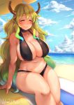  1girl absurdres bare_shoulders beach beach_umbrella bikini black_bikini blonde_hair blue_sky blush breasts cleavage closed_eyes closed_mouth clouds collarbone day dragon_girl dragon_horns gradient_hair green_hair highres horizon horns kobayashi-san_chi_no_maidragon large_breasts long_hair lslee multicolored_hair navel ocean outdoors quetzalcoatl_(maidragon) sand shiny shiny_hair shiny_skin sitting sky smile solo swimsuit umbrella water 