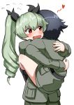  2girls absurdres anchovy black_hair blush brown_eyes carrying drill_hair flying_sweatdrops girls_und_panzer green_hair highres hug long_hair multiple_girls okitsugu pepperoni_(girls_und_panzer) revision short_hair simple_background twin_drills twintails wavy_mouth white_background 
