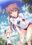  2girls :d aircraft airplane bangs blonde_hair blue_sky blush breasts brown_hair buruma can chain-link_fence clouds condensation_trail day fence giving gym_uniform hair_ribbon hateno-yukimi holding holding_can leaf leaning_forward lens_flare long_hair looking_at_viewer looking_back medium_breasts moe2017 multiple_girls open_mouth original outdoors ponytail ribbon round_teeth shirt short_sleeves sidelocks sky smile soda_can teeth two_side_up violet_eyes yellow_eyes 