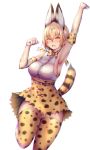  1girl animal_ears armpits bangs belt blonde_hair blush bow breasts cat_ears cat_tail elbow_gloves fang gloves hair_between_eyes highres kemono_friends large_breasts looking_at_viewer nikuku_(kazedesune) no_panties one_eye_closed serval_(kemono_friends) serval_ears serval_print serval_tail short_hair simple_background skirt smile solo tail thigh-highs white_background yellow_eyes 