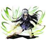  1girl blue_eyes blue_skirt boots bow brown_boots divine_gate full_body grey_hair gun gunblade hair_bow holding holding_gun holding_weapon knee_boots kneehighs la_folia_rihavein long_hair looking_at_viewer official_art one_knee open_mouth pleated_skirt shadow skirt solo strike_the_blood transparent_background ucmm weapon 