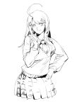  1girl akamatsu_kaede bangs beamed_quavers blush breasts collared_shirt cowboy_shot dangan_ronpa hand_on_hip head_tilt highres long_hair long_sleeves looking_to_the_side medium_breasts musical_note musical_note_hair_ornament musical_note_print necktie new_dangan_ronpa_v3 pleated_skirt pointing pointing_up pose ruukii_drift shirt sidelocks simple_background sketch skirt solo sweater_vest swept_bangs vest white_background 