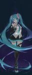  1girl absurdly_long_hair aqua_eyes aqua_hair boots detached_sleeves fhang finger_to_mouth full_body hatsune_miku highres long_hair nail_polish necktie skirt smile solo thigh-highs thigh_boots thigh_gap twintails very_long_hair vocaloid 