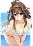  1girl :o ahoge arm bare_arms bare_legs bare_shoulders bent_over bikini blush breasts brown_hair cleavage collarbone double_bun female front-tie_top hair_intakes hairband headgear horizon kantai_collection kongou_(kantai_collection) large_breasts leaning leaning_forward legs long_hair looking_at_viewer midriff ocean sea side-tie_bikini solo standing swimsuit v_arms violet_eyes white_bikini zekkyon 