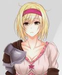  1girl bangs blonde_hair breasts brown_eyes cleavage collar djeeta_(granblue_fantasy) empty_eyes granblue_fantasy hairband looking_at_viewer medium_breasts messy_hair parted_lips piro_(iiiiiiiiii) short_hair shoulder_pads solo upper_body 