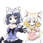  2girls :d ahoge animal_ears arm_behind_back black_gloves black_ribbon black_skirt blonde_hair blue_hair blue_shirt bodystocking brown_eyes brown_hair collar commentary_request d: d:&lt; dot_nose eyebrows_visible_through_hair eyelashes fennec_(kemono_friends) fox_ears fur_collar gloves gradient_hair hand_on_hip hatching_(texture) inumoto jitome kemono_friends lavender_hair looking_at_another looking_at_viewer multicolored_hair multiple_girls neck_ribbon open_mouth outstretched_hand partially_colored pink_shirt pleated_skirt puffy_short_sleeves puffy_sleeves raccoon_(kemono_friends) raccoon_ears raised_eyebrows ribbon shirt short_hair short_sleeves simple_background sketch skirt smile smug two-tone_hair upper_body white_background white_skin white_skirt wristband yellow_ribbon 