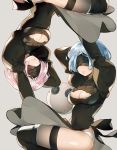  2girls ayami_(annahibi) blindfold blue_hair breasts cleavage cleavage_cutout cosplay grey_background multiple_girls nier_(series) nier_automata panties pink_hair ram_(re:zero) re:zero_kara_hajimeru_isekai_seikatsu rem_(re:zero) rotational_symmetry skindentation smile thigh-highs underwear white_panties yorha_no._2_type_b yorha_no._2_type_b_(cosplay) 