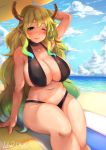  1girl absurdres arm_up bare_shoulders beach beach_umbrella bikini black_bikini blonde_hair blue_sky blush breasts cleavage closed_mouth clouds collarbone curvy day dragon_girl dragon_horns gradient_hair green_eyes green_hair highres horizon horns kobayashi-san_chi_no_maidragon large_breasts long_hair looking_at_viewer lslee multicolored_hair navel ocean one_eye_closed outdoors quetzalcoatl_(maidragon) sand shiny shiny_hair shiny_skin sitting sky smile solo swimsuit umbrella water wide_hips 