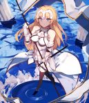  1girl armor armored_dress bare_shoulders black_legwear blonde_hair blue_eyes breasts fate_(series) headgear highres hona_(pixiv7939518) looking_at_viewer medium_breasts ruler_(fate/apocrypha) scabbard sheath smile solo standard_bearer sword thigh-highs thighs wading water weapon 