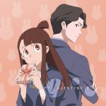 1boy 1girl akko_kagari andrew_hanbridge back-to-back black_hair blush brown_hair commentary_request crossed_arms gift green_eyes highres little_witch_academia long_hair rabbit red_eyes valentine windwillows 