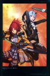  2girls absurdres akikazu_mizuno aqua_hair arrow azanami_(pso2) black_legwear blue_eyes blue_hair bow_(weapon) heterochromia highres io_(pso2) looking_at_viewer multiple_girls official_art phantasy_star phantasy_star_online_2 ponytail redhead scan short_hair smile sword thigh-highs weapon yellow_eyes zettai_ryouiki 