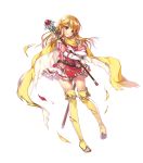  1girl belt blonde_hair brown_eyes cape earrings elbow_gloves fire_emblem fire_emblem:_seisen_no_keifu fire_emblem_heroes full_body gloves highres holding jewelry lachesis_(fire_emblem) long_hair official_art solo staff standing sword thigh-highs torn_clothes transparent_background weapon white_background zettai_ryouiki 