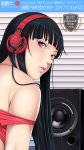  1girl bare_shoulders black_hair eyebrows_visible_through_hair headphones highres indoors lipstick long_hair looking_at_viewer looking_back makeup open_mouth original red_eyes sei_shoujo solo speaker 