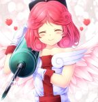  1girl angel_wings bare_shoulders blush closed_eyes duel_monster gloves heart injection_fairy_lily komimiyako large_syringe nurse oversized_object pink_hair redhead smile solo syringe wings yu-gi-oh! 