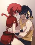  1boy 1girl black_hair blue_eyes blush braid brown_eyes chinese_clothes embarrassed genderswap genderswap_(mtf) headband hibiki_ryouga light_smile long_hair looking_at_another no_pants parted_lips ranma-chan ranma_1/2 red_shirt redhead saotome_ranma shirt short_sleeves single_braid sitting straddling tank_top torn_clothes torn_sleeves untied windy4th wristband yellow_shirt 