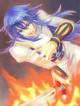  1boy aki_(rapture55) blue_hair dymlos_timber fire green_eyes long_hair male_focus open_mouth solo sword tales_of_(series) tales_of_destiny upper_body weapon 