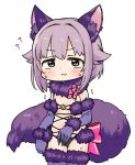 1girl :3 ? animal_ears black_panties blush bow breasts brown_eyes cosplay dangerous_beast dangerous_beast_(cosplay) elbow_gloves fate/grand_order fate_(series) fur_trim gloves halloween_costume idolmaster idolmaster_cinderella_girls koshimizu_sachiko lavender_hair looking_at_viewer moru_(monaka) panties purple_gloves purple_legwear shielder_(fate/grand_order) short_hair simple_background small_breasts solo sweat tail thigh-highs trembling underwear white_background wolf_ears wolf_tail