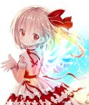  1girl alternate_costume bangs blonde_hair bracelet detached_collar dress flandre_scarlet givuchoko hair_ribbon highres jewelry layered_dress looking_at_viewer red_dress red_eyes red_ribbon ribbon side_ponytail smile solo touhou upper_body wings 