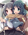  2girls :d animal_ears capelet dowsing_rod fang green_eyes green_hair grey_hair hug hug_from_behind kasodani_kyouko mouse_ears mouse_tail multiple_girls nazrin open_mouth red_eyes scarf shared_scarf skirt smile tail touhou uguisu_mochi_(ykss35) 