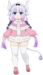  1girl :o bangs beads black_ribbon blue_eyes blunt_bangs blush capelet dragon_horns dragon_tail dress eyebrows_visible_through_hair full_body hair_beads hair_ornament hairband half-closed_eyes horns kanna_kamui kobayashi-san_chi_no_maidragon lavender_hair long_hair long_sleeves low_twintails mu-inu475 open_mouth puffy_sleeves ribbon short_dress simple_background solo standing tail thick_thighs thigh-highs thighs twintails white_background white_legwear 