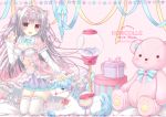  1girl animal_ears blush breasts candy cat_ears cat_girl chewing_gum cleavage dress fang food frilled_legwear frilled_sleeves frills gift gumball gumball_machine hair_ribbon hand_up kneeling kohinata_hoshimi long_hair long_sleeves open_mouth original petticoat pink_dress pink_ribbon polka_dot polka_dot_background purple_ribbon purple_skirt ribbon silver_hair skirt small_breasts smile solo striped_pillow stuffed_animal stuffed_toy teddy_bear two_side_up unicorn 