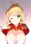  ! 1girl ahoge asahina_hikage blonde_hair braid breasts cleavage epaulettes fate/extra fate_(series) gradient gradient_background green_eyes hair_intakes large_breasts looking_at_viewer one_eye_closed poking saber_extra skindentation smile solo upper_body 