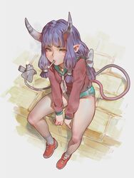 1girl bow brick brown_eyes buruma cigarette commentary demon_girl demon_tail from_above full_body hair_bow highres horns lighter long_hair long_sleeves mouth_hold original pink_shirt pointy_ears prehensile_tail purple_hair red_shoes school_uniform serafuku shirt shoes sidelocks sitting sketch smoke smoking sneakers socks solo succubus tail tim_loechner white_bow white_legwear