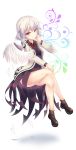  1girl ass bare_legs black_shoes bow bowtie brown_legwear dress feathered_wings feathers floating full_body grey_jacket highres kishin_sagume long_sleeves looking_at_viewer orange_eyes purple_dress red_bow red_bowtie shadow shoes short_dress short_hair silver_hair single_wing sitting solo spisanji touhou white_background white_wings wings 