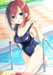  1girl :o adjusting_clothes adjusting_swimsuit aqua_eyes barefoot blue_swimsuit breasts brown_hair chain-link_fence cleavage collarbone competition_swimsuit female fence goggles goggles_removed hair_over_shoulder highres lens_flare long_hair looking_at_viewer moe2017 one-piece_swimsuit open_mouth original pool pool_ladder solo swimsuit toosaka_asagi wet wet_clothes 