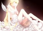  1girl angel angel_(pixiv14838926) angel_wings bare_legs blonde_hair choker dress english frilled_dress frills hand_on_own_face high_heels legs long_hair panty_&amp;_stocking_with_garterbelt panty_(psg) profile shoes simple_background sitting sleeveless solo very_long_hair white_dress white_shoes white_wings wings 