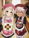  2girls :p apron asymmetrical_hair black_skirt blonde_hair bow braid chloe_von_einzbern chocolate chocolate_heart cream cream_on_face dark_skin eyebrows_visible_through_hair fate/kaleid_liner_prisma_illya fate_(series) food food_on_face grey_pants hair_between_eyes hair_ornament hairclip head_scarf head_tilt heart highres illyasviel_von_einzbern indoors long_hair looking_at_viewer multiple_girls official_art pants pink_bow pink_hair red_bow red_eyes side_braid skirt smile standing television tongue tongue_out window wooden_floor yellow_eyes 