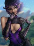  1girl bare_shoulders belt breasts cleavage cleavage_cutout eyelashes highres invisible jellyemily lips looking_to_the_side medium_breasts paladins pointy_ears purple_hair short_hair skin_tight skye_(paladins) smile solo violet_eyes 