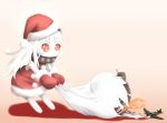  1girl aircraft airplane alternate_costume chibi dress enemy_aircraft_(kantai_collection) evandragon hat highres horns kantai_collection long_hair mittens northern_ocean_hime red_dress red_eyes reppuu_(kantai_collection) revision sack santa_costume santa_hat shinkaisei-kan torn_sack white_hair white_skin 