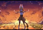  1girl :d animal_ears animal_print backlighting bangs blonde_hair blouse blush boots breasts elbow_gloves eyebrows_visible_through_hair gloves high-waist_skirt highres kemono_friends legs_apart letterboxed light_particles looking_at_viewer medium_breasts open_mouth outdoors outstretched_arms savannah serval_(kemono_friends) serval_ears serval_print serval_tail short_hair sleeveless smile solo standing sunset tail thigh-highs ugume white_blouse yellow_eyes 