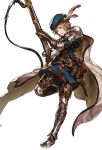  1boy alpha_transparency armor armored_boots beret boots brown_eyes brown_hair cape full_body gauntlets gran_(granblue_fantasy) granblue_fantasy gun hat hat_feather hawkeye_(granblue_fantasy) male_focus minaba_hideo official_art rifle short_hair standing standing_on_one_leg weapon 