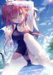  &gt;:o 1girl :o arm_up armpits bangs barefoot blue_sky blue_swimsuit blurry blush breasts cleavage clouds cloudy_sky collarbone day depth_of_field dutch_angle eyebrows_visible_through_hair fang feet hair_between_eyes hand_up highres knee_up large_breasts light_rays long_hair looking_at_viewer moe2017 open_mouth original outdoors pool pool_ladder poolside redhead school_swimsuit sitting sky solo sunbeam sunlight swimsuit thighs toes tsurime two_side_up yellow_eyes yoruneko 