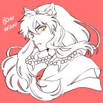  1boy animal_ears closed_mouth floating_hair inuyasha inuyasha_(character) jewelry long_hair male_focus monochrome motobi_(mtb_umk) necklace pearl_necklace red_background simple_background solo spot_color upper_body yellow_eyes 