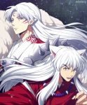  2boys animal_ears armor beads brothers dog_ears facial_mark inuyasha inuyasha_(character) japanese_clothes jewelry long_hair male_focus mashima_shima multiple_boys necklace open_mouth pointy_ears sesshoumaru siblings sky star_(sky) starry_sky twitter_username white_hair yellow_eyes 