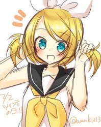  1girl :d amane_(amnk1213) aqua_eyes bare_arms blonde_hair blush bow bunching_hair collarbone hair_bow kagamine_rin open_mouth sailor_collar shirt short_hair short_twintails sketch sleeveless sleeveless_shirt smile solo twintails twitter_username vocaloid 