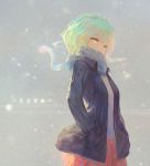  1girl bangs cardigan covered_mouth green_eyes green_hair grey_scarf hands_in_pockets highres kisei2 open_cardigan open_clothes original pleated_skirt red_skirt scarf short_hair skirt solo upper_body wavy_hair 