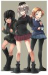  3girls amai_nekuta ankle_boots bangs black_boots black_bow black_hat black_jacket black_legwear black_necktie black_shoes black_skirt blue_eyes blue_skirt blue_sweater boots bow braid brown_hair cup dress_shirt emblem full_body garrison_cap girls_und_panzer green_jacket grey_background hair_bow hand_on_hip hat helmet holding itsumi_erika jacket loafers long_hair long_sleeves looking_at_viewer military military_hat military_uniform miniskirt multiple_girls necktie nina_(girls_und_panzer) one_eye_closed orange_hair orange_pekoe outside_border pantyhose parted_lips pleated_skirt red_shirt red_skirt school_uniform shadow shirt shoes short_hair short_twintails side-by-side silver_hair skirt smile smirk socks standing sweater tan teacup tied_hair turtleneck twin_braids twintails uniform v-neck vest white_shirt 