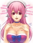  1girl 2013 arms_at_sides artist_name bangs bare_shoulders breasts choker cleavage collar collarbone dated eyebrows_visible_through_hair hair_between_eyes hands_up happy_new_year headphones large_breasts long_hair looking_at_viewer merry_christmas new_year nitroplus open_mouth pink_eyes pink_hair santa_costume signature smile solo super_sonico teeth tenjou_tsuki upper_body watermark web_address 