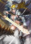  1girl absurdres armor belt bikini_armor black_gloves black_legwear blonde_hair breasts cape clouds feathered_wings fingerless_gloves flying gloves glowing glowing_sword glowing_weapon greaves headpiece highres holding holding_weapon horse kim_jin_sung large_breasts long_hair looking_at_viewer norse_mythology original parted_lips shoulder_armor slender_waist smile solo sword thigh-highs valkyrie weapon winged wings 