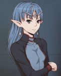  1girl :| blue_eyes blue_hair closed_mouth crossed_arms earrings expressionless grey_background headpiece jewelry lafiel miura-n315 pointy_ears seikai_no_monshou seikai_no_senki solo upper_body 