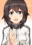  1girl 2017 :d brown_hair dated gradient gradient_background grey_eyes hayasui_(kantai_collection) highres jacket kamelie kantai_collection long_sleeves open_mouth orange_background short_hair smile solo track_jacket white_jacket 